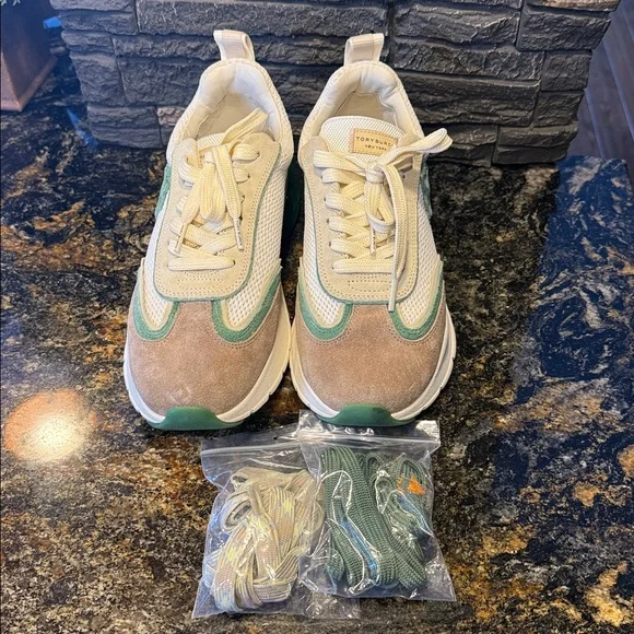 Tory Burch GOOD LUCK TRAINER Cream and Green Sneakers - Picture 4 of 5